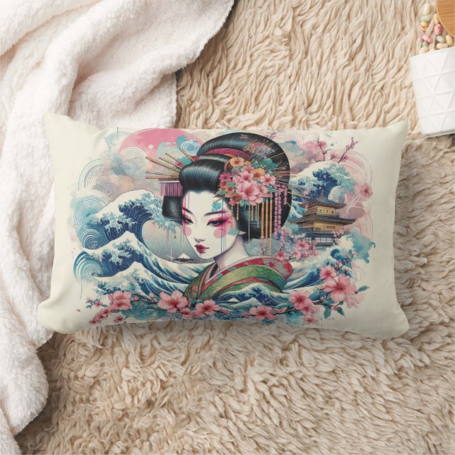 Coussin Rectangle Oriental Geisha Maiko Kanagawa temple des vagues (Couverture)