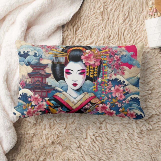 Coussin Rectangle Oriental Geisha Maiko Kanagawa temple des vagues (Couverture)