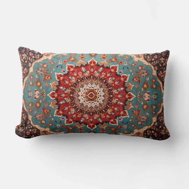 Coussin Rectangle Oriental Retro Motif Perse Rouge Crème Bleu (Recto)