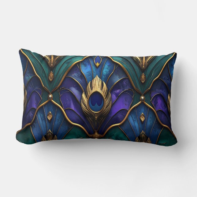 Coussin Rectangle Ornate Royal Peacock & Gold Luxury Pillow (Recto)
