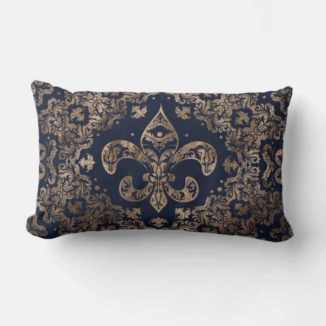Coussin Rectangle Ornement de luxe Fleur de lis - or et bleu foncé (Recto)