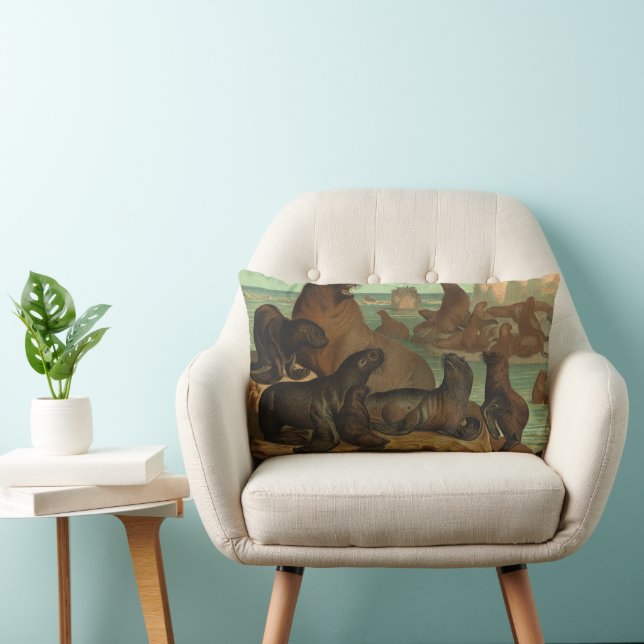 Coussin Rectangle Otaries sur la plage, Animaux de la vie marine vin (Chaise)