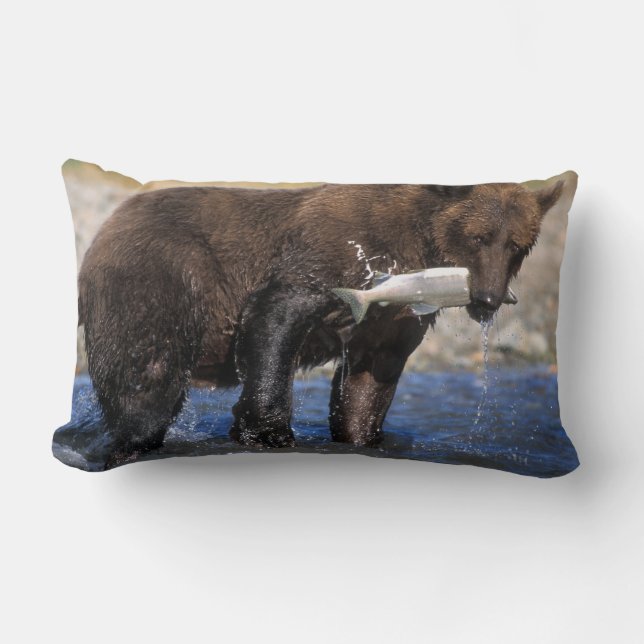 Coussin Rectangle Ours brun, grizzly, avec prise de saumon, (Recto)