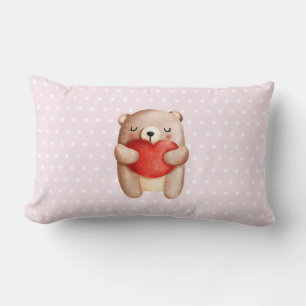 Coussin Rectangle Ours en peluche mignon portant un coeur rouge