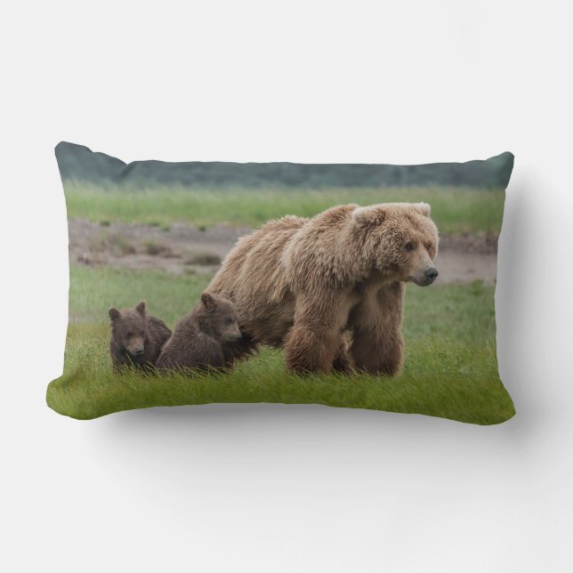 Coussin Rectangle Ours grizzly mère avec deux oursons (Recto)