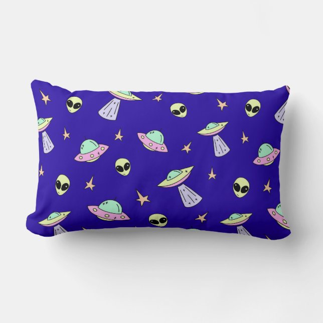 Coussin Rectangle OVNIs, visages extraterrestres et étoiles sur fond (Recto)