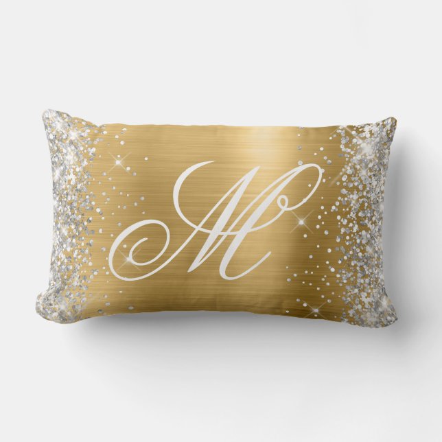 Coussin Rectangle Pailleté Argent Brillant Feuille d'Or Fantaisie Mo (Recto)