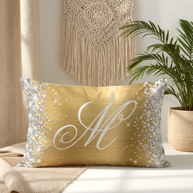 Coussin Rectangle Pailleté Argent Brillant Feuille d'Or Fantaisie Mo (Silver Glitter Shiny Gold Foil Fancy Monogrammed Lumbar Pillow)