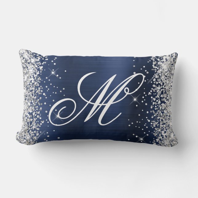 Coussin Rectangle Pailleté Argent Monogramme Fantaisie Navy Foil (Recto)