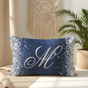 Coussin Rectangle Pailleté Argent Monogramme Fantaisie Navy Foil