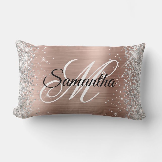 Coussin Rectangle Pailleté Argent Rose Doré Brillante Monogramme (Recto)