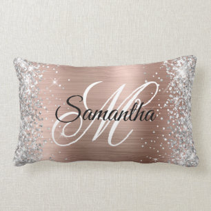 Coussin Rectangle Pailleté Argent Rose Doré Brillante Monogramme