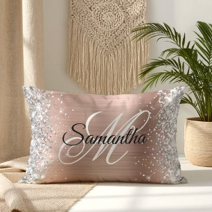 Coussin Rectangle Pailleté Argent Rose Doré Brillante Monogramme