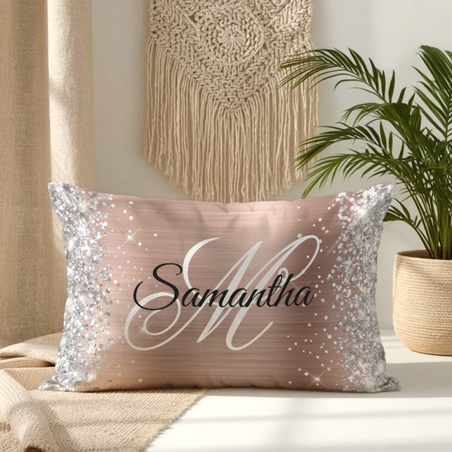 Coussin Rectangle Pailleté Argent Rose Doré Brillante Monogramme (Silver Glitter Shiny Rose Gold Foil Monogram Lumbar Pillow)