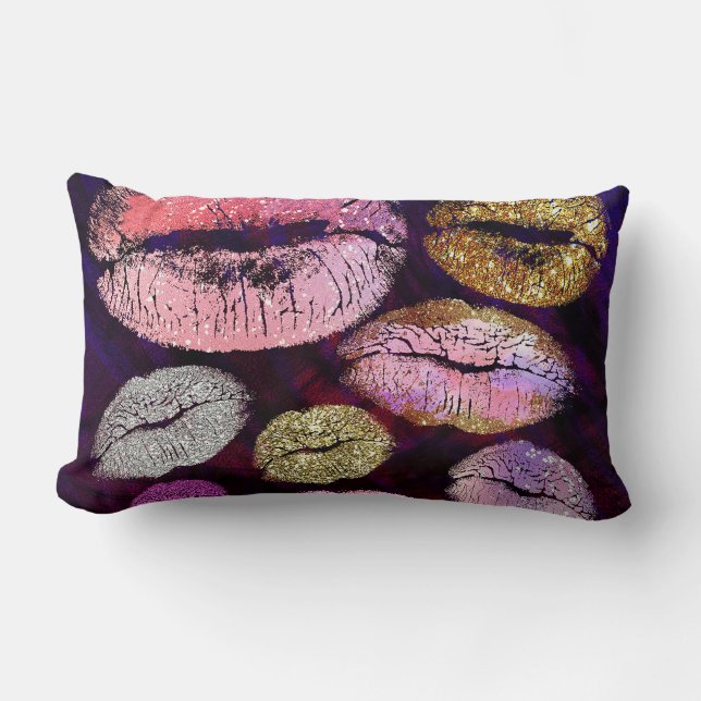 Coussin Rectangle Pailleté Étincelant Baiser Lèvres Beauté Maquillag (Recto)