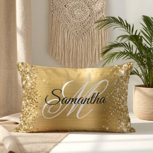 Coussin Rectangle Pailleté Or Satin Feuille Monogramme