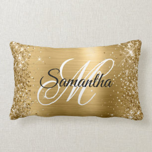 Coussin Rectangle Pailleté Or Satin Feuille Monogramme