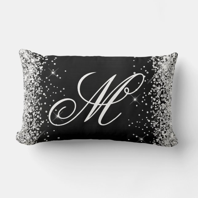Coussin Rectangle Paillettes Argentées Noir Feuille Monogrammé Fanta (Recto)