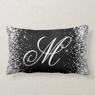 Coussin Rectangle Paillettes Argentées Noir Feuille Monogrammé Fanta