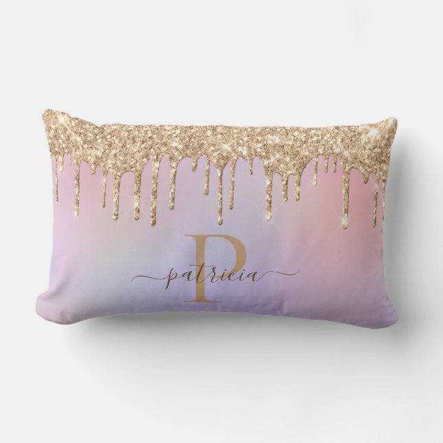 Coussin Rectangle Paillettes Glam Gold Dégoulinures Élégant Monogram (Recto)