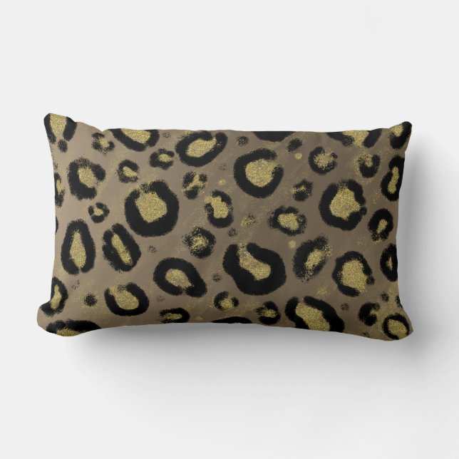 Coussin Rectangle Paillettes Or Brun & Imprimé Léopard Guépard Noir (Recto)