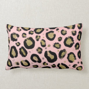 Coussin Rectangle Paillettes Or Rose et Imprimé Léopard Guépard Noir