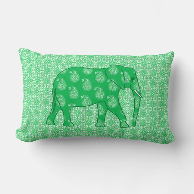 Coussin Rectangle Paisley éléphant - Jade vert et blanc (Recto)