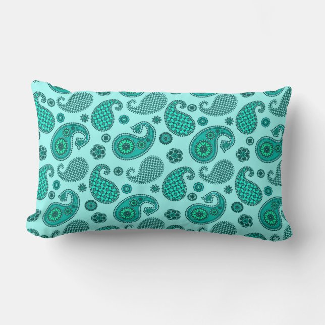 Coussin Rectangle Paisley Motif, Aqua et Turquoise (Recto)
