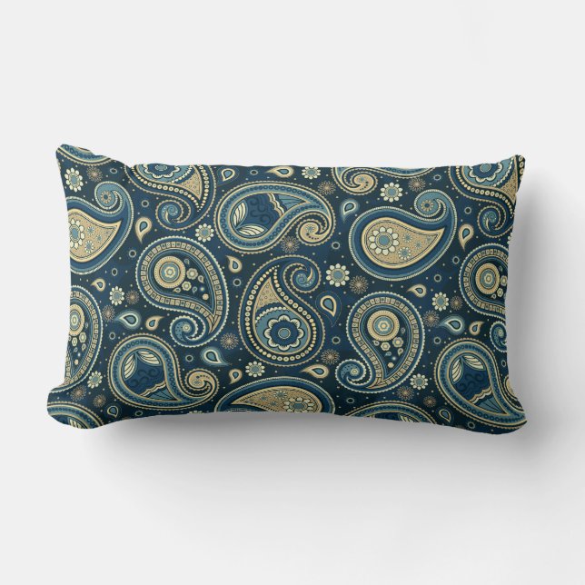 Coussin Rectangle Paisley motif bleu turquoise or élégant (Recto)