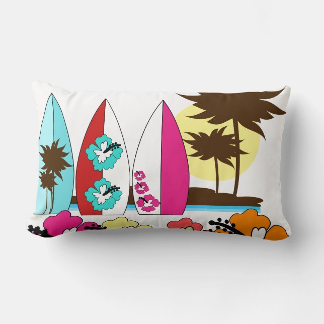 Coussin Rectangle Palmier surfant de planches de surf de plage (Recto)