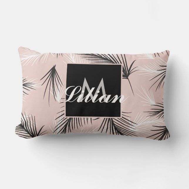 Coussin Rectangle Palmiers Noir Blanc Ton Terreux Rose Monogrammé    (Recto)