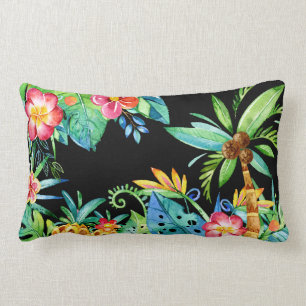 Coussin Rectangle Palmiers tropicaux et aquarelle florale Noir