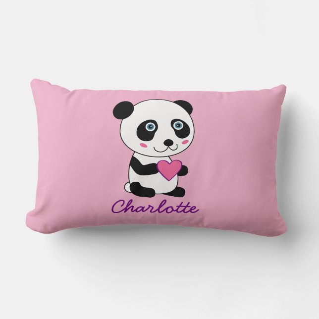 Coussin Rectangle Panda mignon personnalisé avec un coeur rose (Recto)