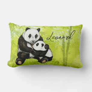 Coussin Rectangle Panda ours mère avec enfant - peint à la main   Co