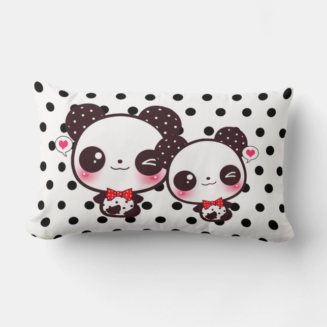Coussin Rectangle Pandas de Kawaii sur le pois noir (Recto)