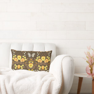 Coussin Rectangle Pansies jaunes, oiseaux et papillons