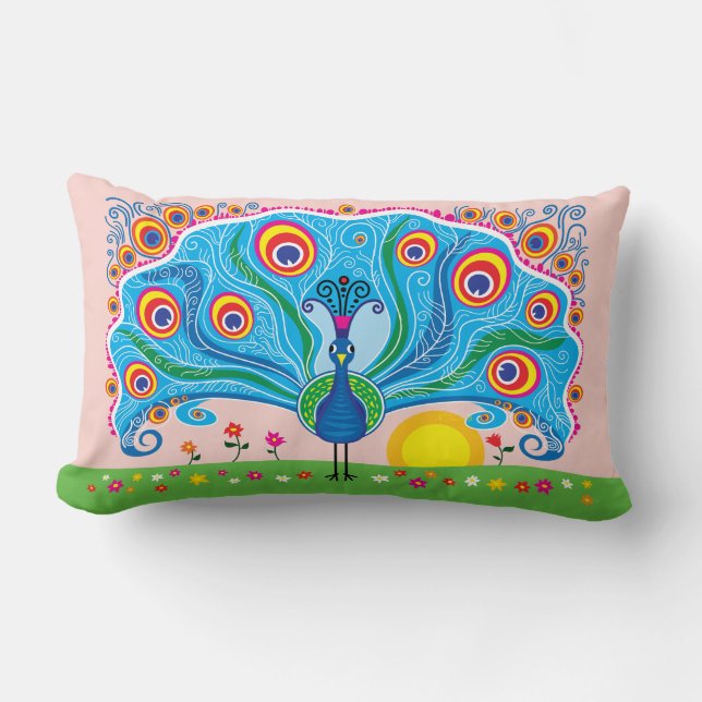 Coussin Rectangle Paon avec des fleurs (Recto)