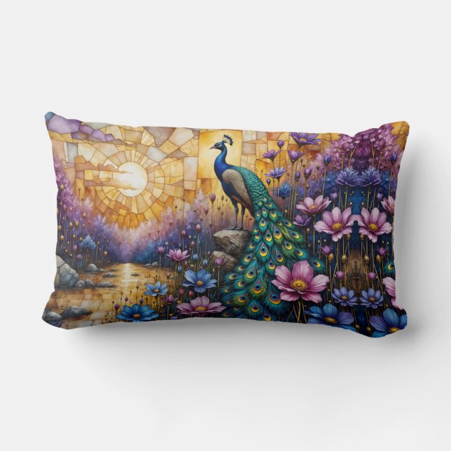 Coussin Rectangle Paon dans un paysage floral (Verso)