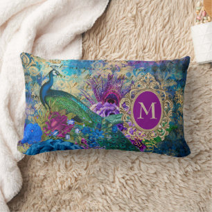 Coussin Rectangle Paon Élégant Vintage Violet Turquoise Or Monogramm
