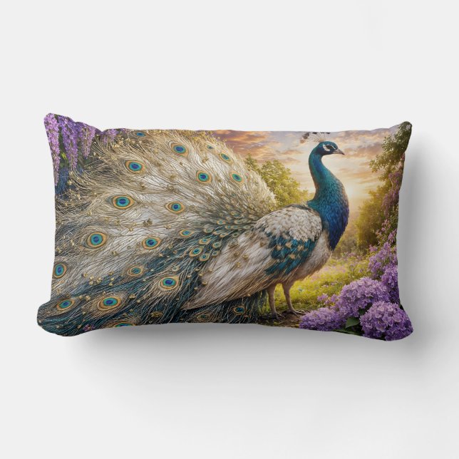 Coussin Rectangle Paon sur la montagne à l'aube (Recto)