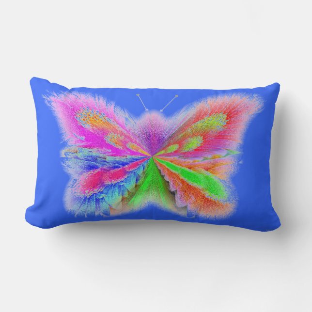 Coussin Rectangle Papillon artistique 2 faces bleu et orange (Recto)