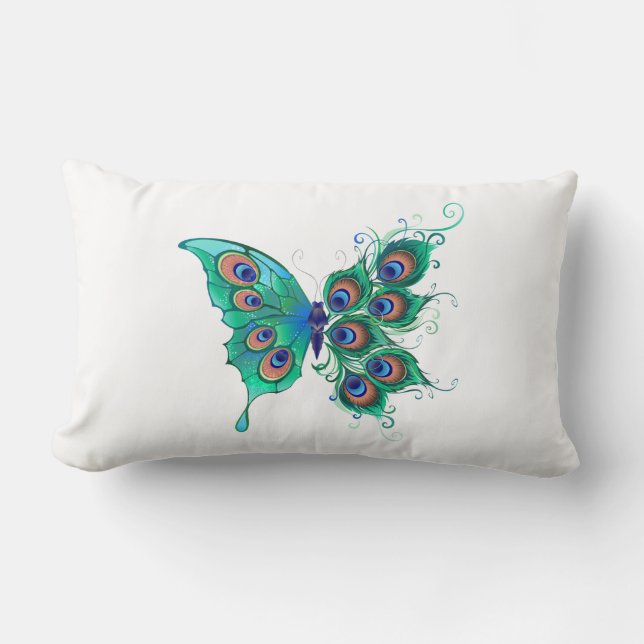 Coussin Rectangle Papillon aux plumes de paon vert (Recto)