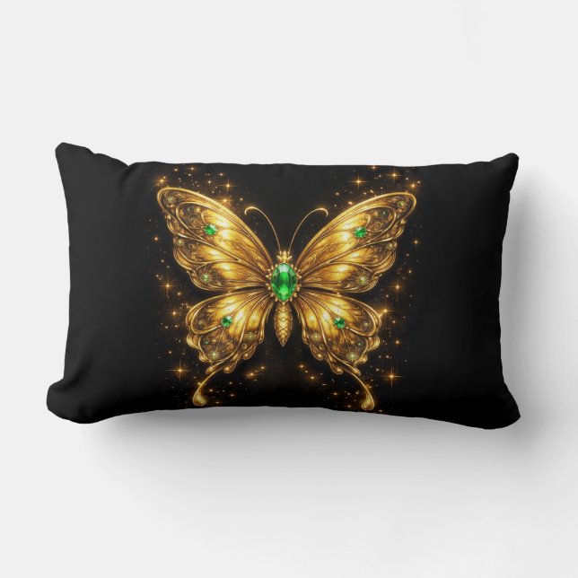 Coussin Rectangle Papillon de cristal émeraude doré (Recto)