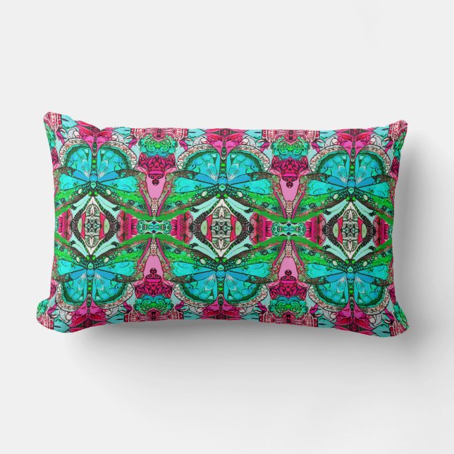 Coussin Rectangle Papillon et Motif Batik de Médaillon en Turquoise (Recto)