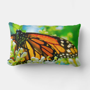 Coussin Rectangle Papillon Monarque orange Fleur blanche Photo Bold