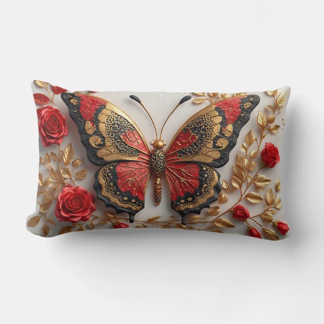 Coussin Rectangle Papillon rouge et or orné de roses (Recto)