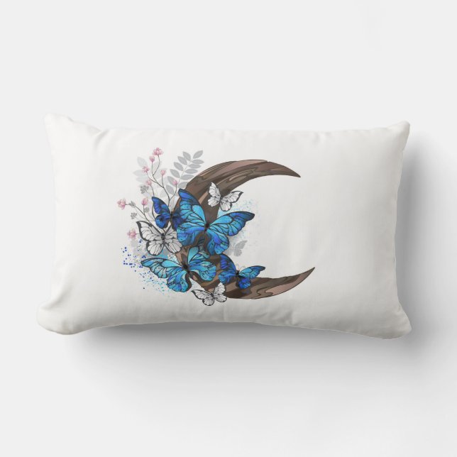 Coussin Rectangle Papillons bleus sur croissant en bois (Recto)