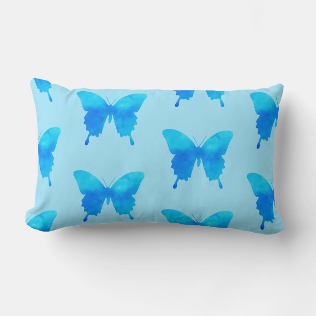 Coussin Rectangle Papillons d'aquarelle - Nuances de bleu ciel (Recto)