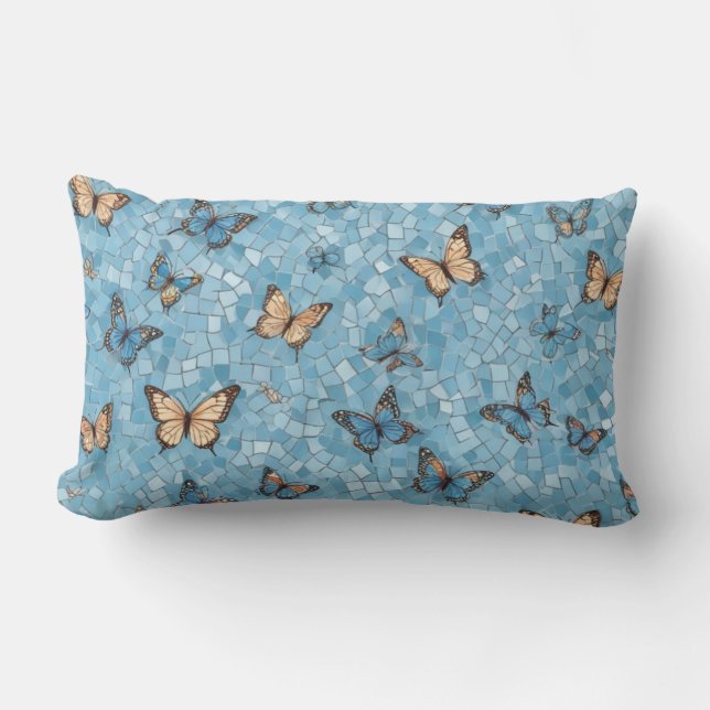 Coussin Rectangle Papillons de mosaïque sur fond bleu clair (Recto)