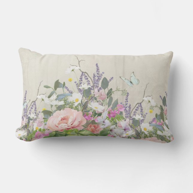 Coussin Rectangle Papillons de pivoine rose floral Bois rustique (Recto)